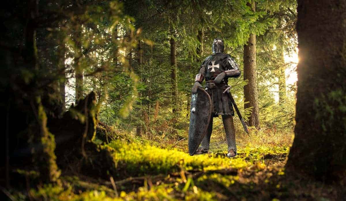 Une personne en armure de chevalier médiéval debout dans une clairière forestière.